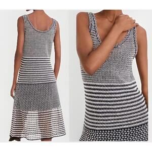 J CREW 100% Linen Crochet Knit Midi Dress Black White Striped Sz S Small